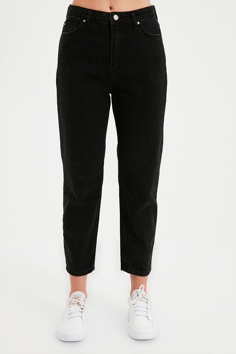 Kadın Siyah Beli Lastikli Mom Jeans
