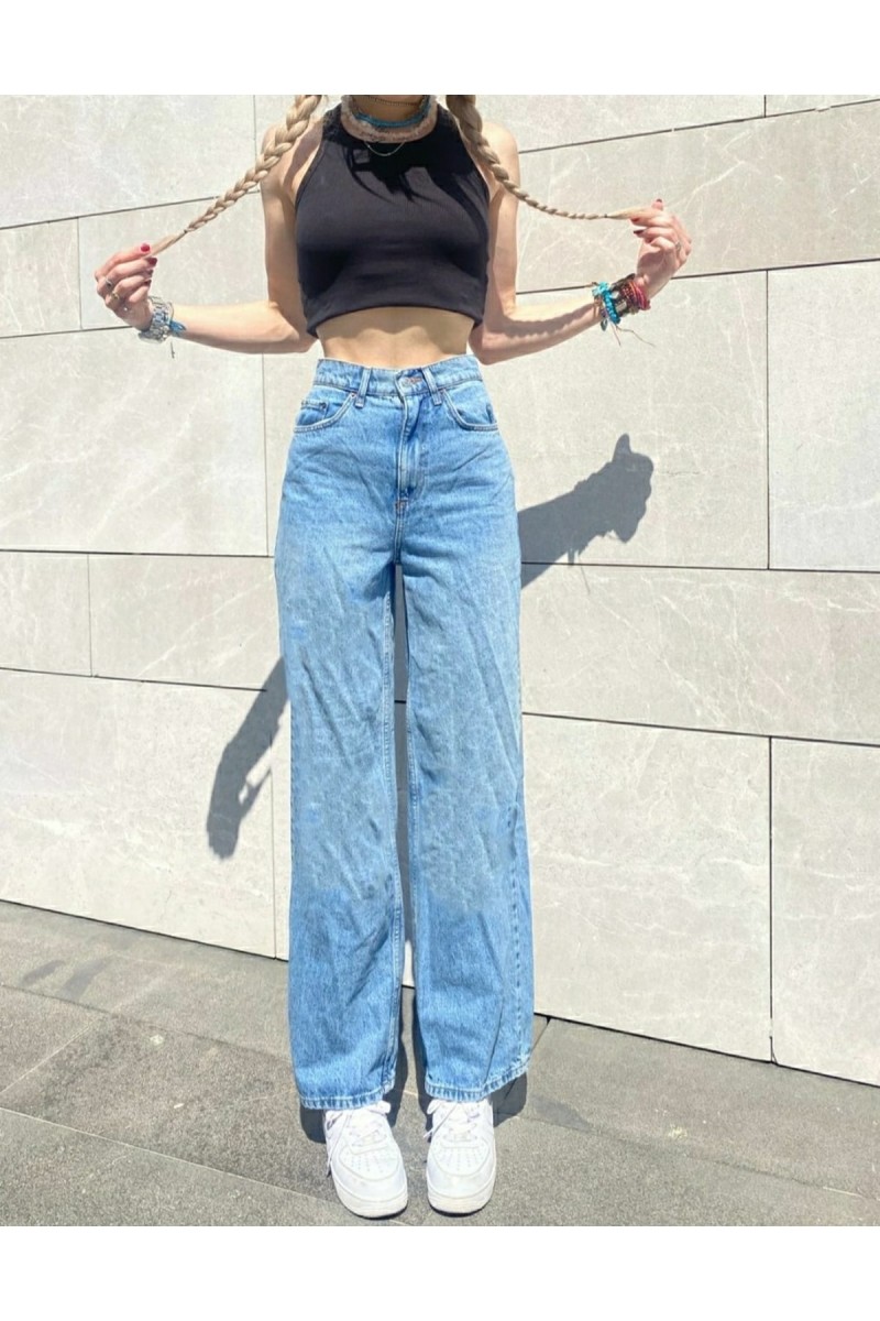 Orta Mavi Rikralı Salaş Yüksek Bel Salaş Paça Denim Kot Pantolon