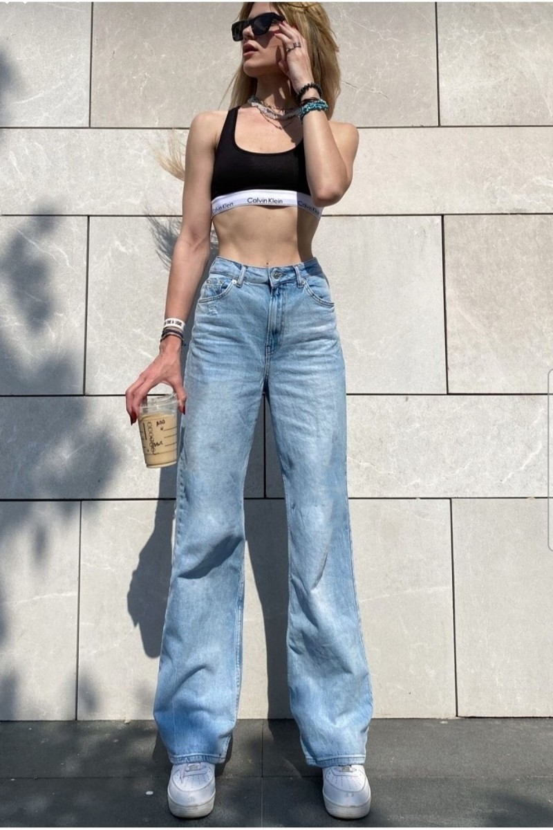 Orta Mavi Rikralı Salaş Yüksek Bel Salaş Paça Denim Kot Pantolon