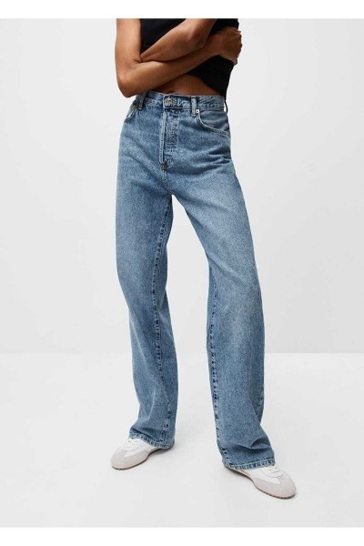 90`s Likralı Salaş Kadın Orta Kar Mavi Süper Yüksek Bel Salaş Paça Denim Kot Pantolon