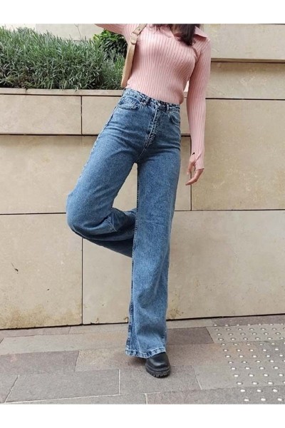 90`s Likralı Salaş Kadın Orta Kar Mavi Süper Yüksek Bel Salaş Paça Denim Kot Pantolon