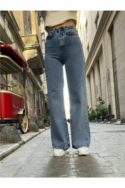 90`s Likralı Salaş Kadın Orta Kar Mavi Süper Yüksek Bel Salaş Paça Denim Kot Pantolon