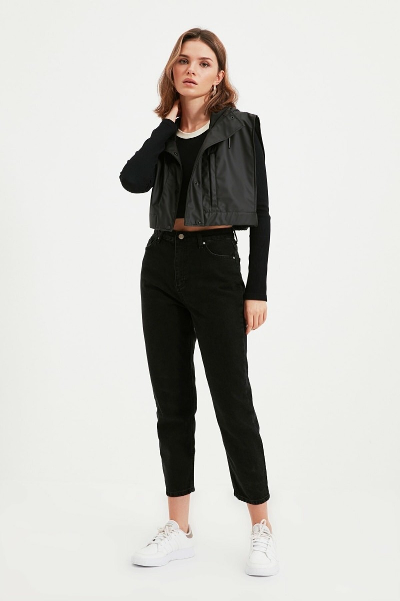Kadın Siyah Beli Lastikli Mom Jeans