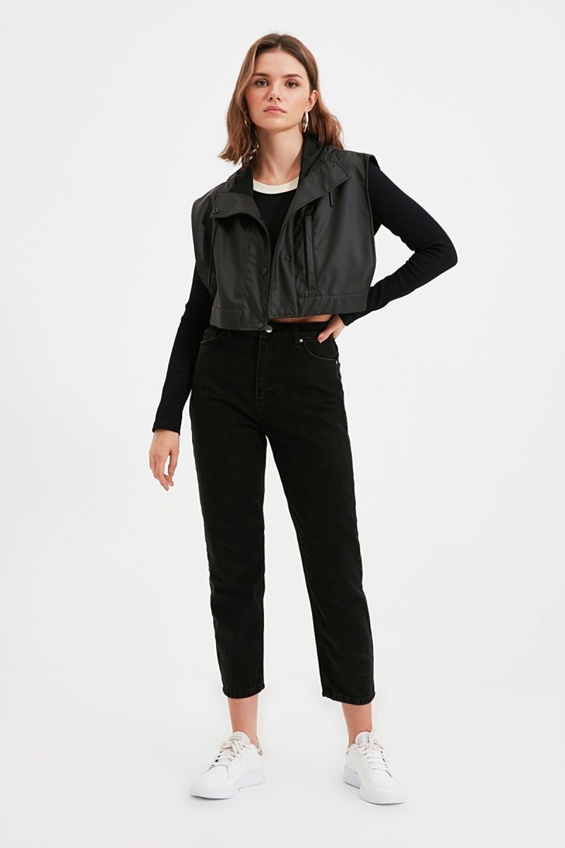 Kadın Siyah Beli Lastikli Mom Jeans