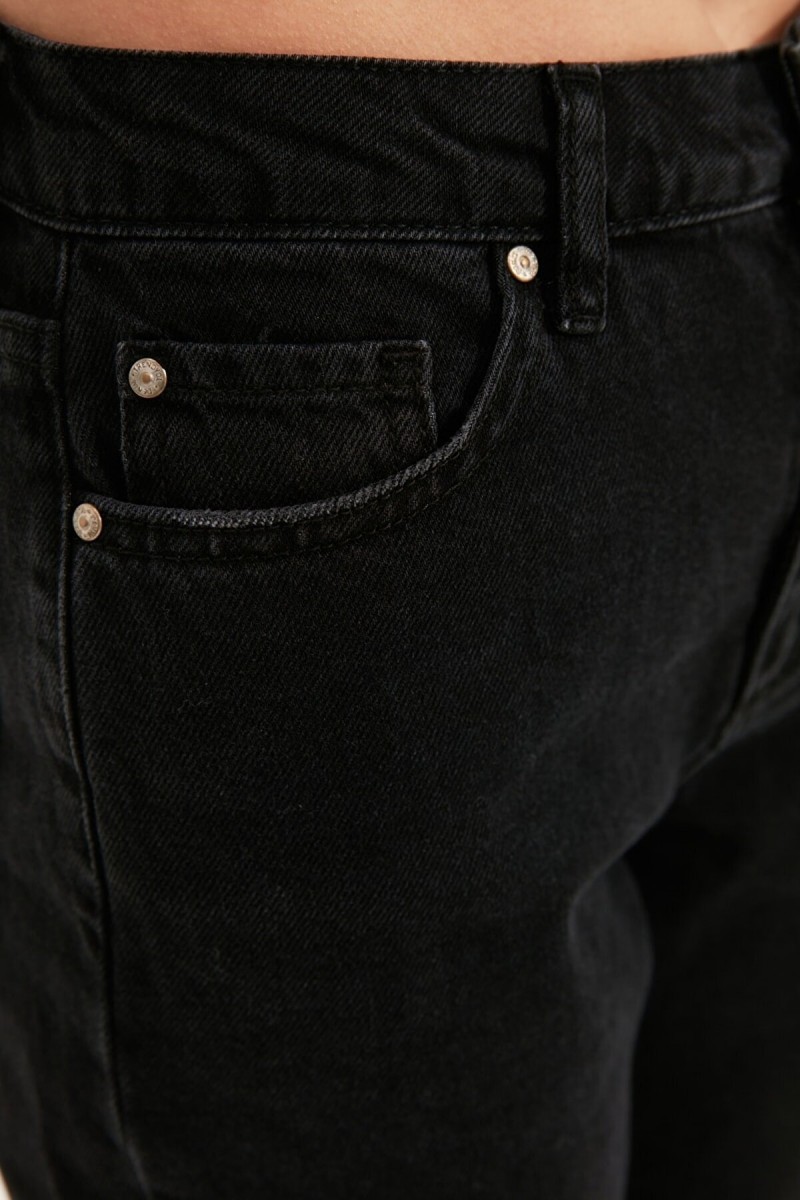 Kadın Siyah Beli Lastikli Mom Jeans