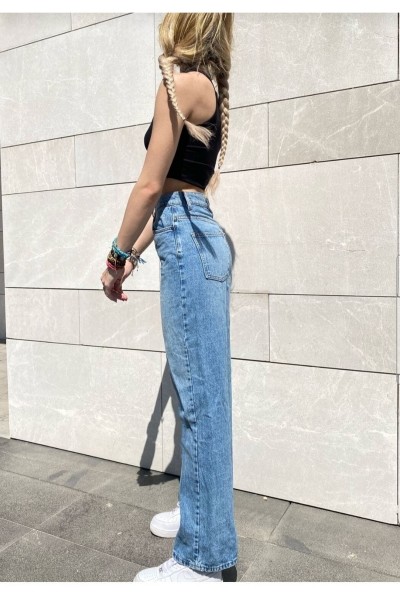 Orta Mavi Rikralı Salaş Yüksek Bel Salaş Paça Denim Kot Pantolon