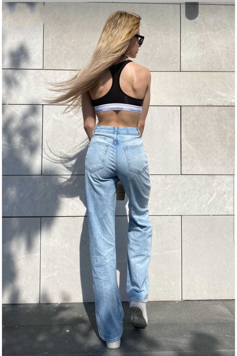 Orta Mavi Rikralı Salaş Yüksek Bel Salaş Paça Denim Kot Pantolon