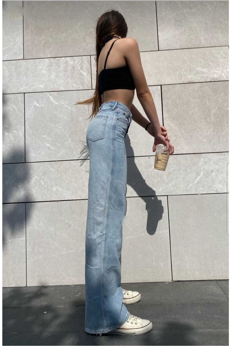 Orta Mavi Rikralı Salaş Yüksek Bel Salaş Paça Denim Kot Pantolon