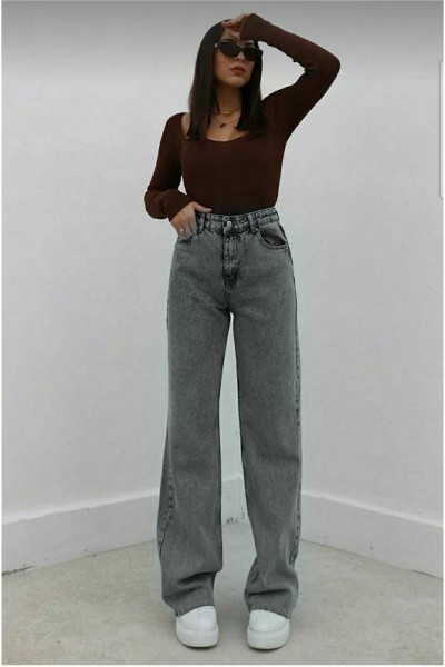 Füme Likralı Süper Yüksek Bel Salaş Jean Pantolon