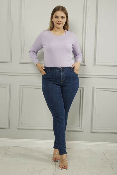 Koyu Mavi Tırnaklı Büyük Beden Sımsıkı Toparlayıcı Jeans Sımsıkı
