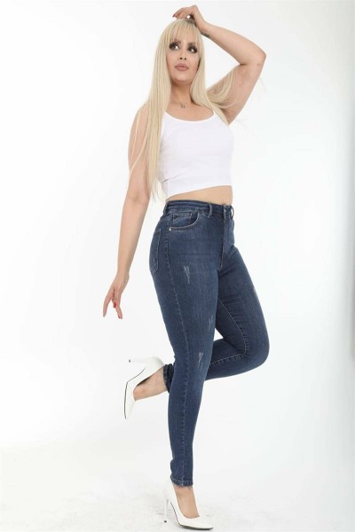 Orta Mavi Tırnaklı Büyük Beden Sımsıkı Toparlayıcı Jeans Sımsıkı