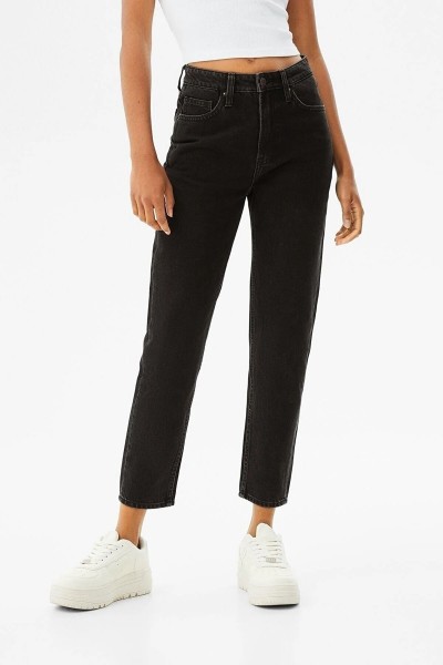 Siyah Yüksek Bel Likralı Reguler Mom Jeans