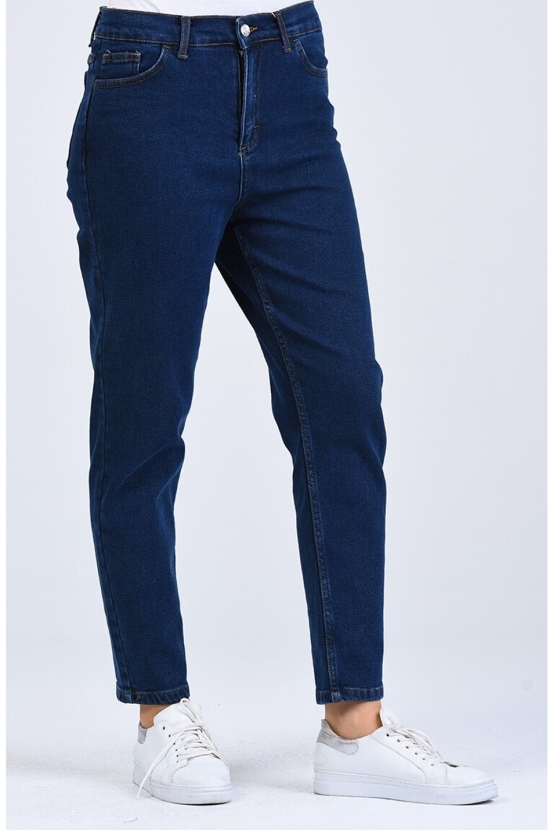 Koyu Mavi Kar Yıkama Mom Jeans Likralı Yüksek Bel Kot Pantolon