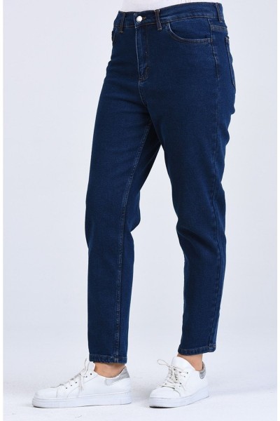 Koyu Mavi Kar Yıkama Mom Jeans Likralı Yüksek Bel Kot Pantolon