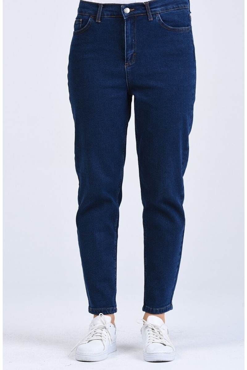 Koyu Mavi Kar Yıkama Mom Jeans Likralı Yüksek Bel Kot Pantolon