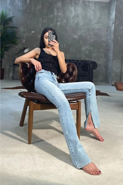 Mansory Does Kadın Mavi Kar Yırtmaclı Likralı Süper Yüksek Bel Salaş Paça Kot Pantolon