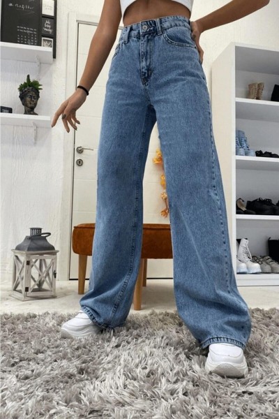 Santa Power Likralı Mavi Kar Süper Yüksek Bel Likralı Salaş Paça Denim Kot Pantolon