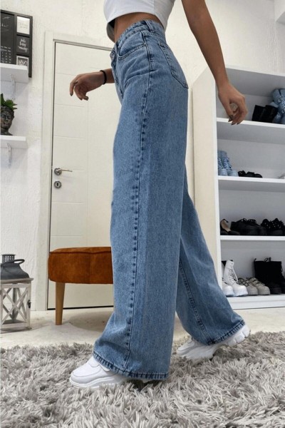 Santa Power Likralı Mavi Kar Süper Yüksek Bel Likralı Salaş Paça Denim Kot Pantolon