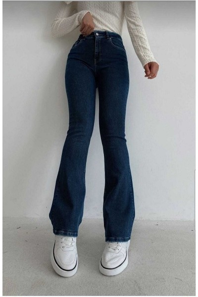 Hot Women Koyu Mavi Ispanyol Paça Kot Pantolon Yüksek Bel Ispanyol Jeans Toparlayıcı