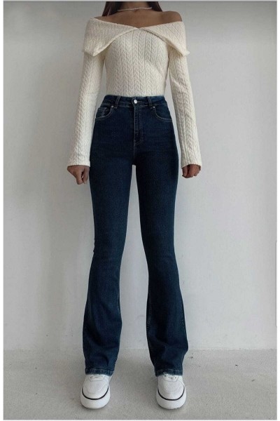 Hot Women Koyu Mavi Ispanyol Paça Kot Pantolon Yüksek Bel Ispanyol Jeans Toparlayıcı