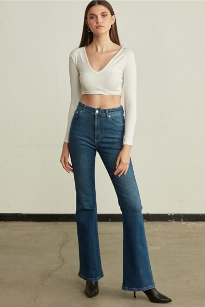 Cocu Orta Mavi Ispanyol Paça Kot Pantolon Yüksek Bel Ispanyol Jeans Toparlayıcı