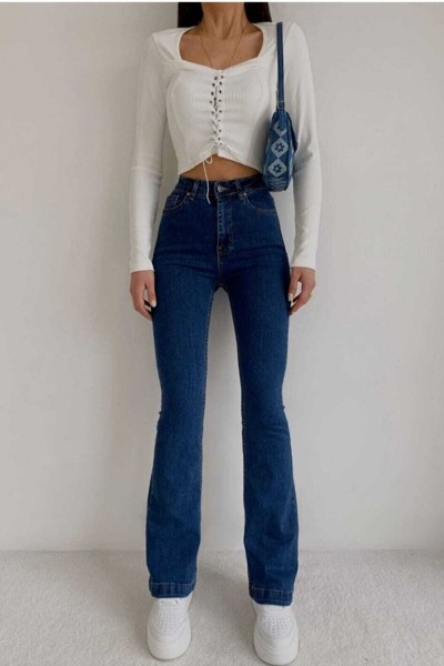 Allstar Ispanyol Women Koyu Mavi Ispanyol Paça Kot Pantolon Yüksek Bel Ispanyol Jeans Toparlayıcı