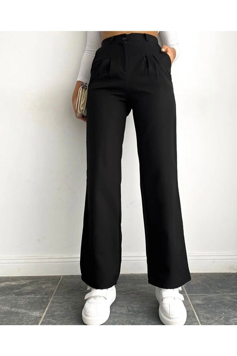 Kadın Pileli Siyah Yüksek Bel Palazzo Pantolon