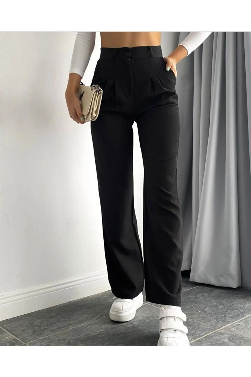 Kadın Pileli Siyah Yüksek Bel Palazzo Pantolon