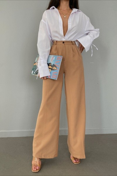 Tess Gold Sütlü Kahve Pileli Kadın Salaş 90's Süper Yüksek Salaş Paç Palazzo Pantolon