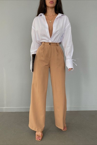 Tess Gold Sütlü Kahve Pileli Kadın Salaş 90's Süper Yüksek Salaş Paç Palazzo Pantolon