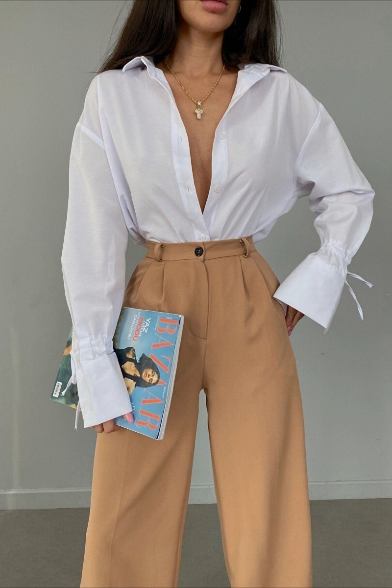 Tess Gold Sütlü Kahve Pileli Kadın Salaş 90's Süper Yüksek Salaş Paç Palazzo Pantolon