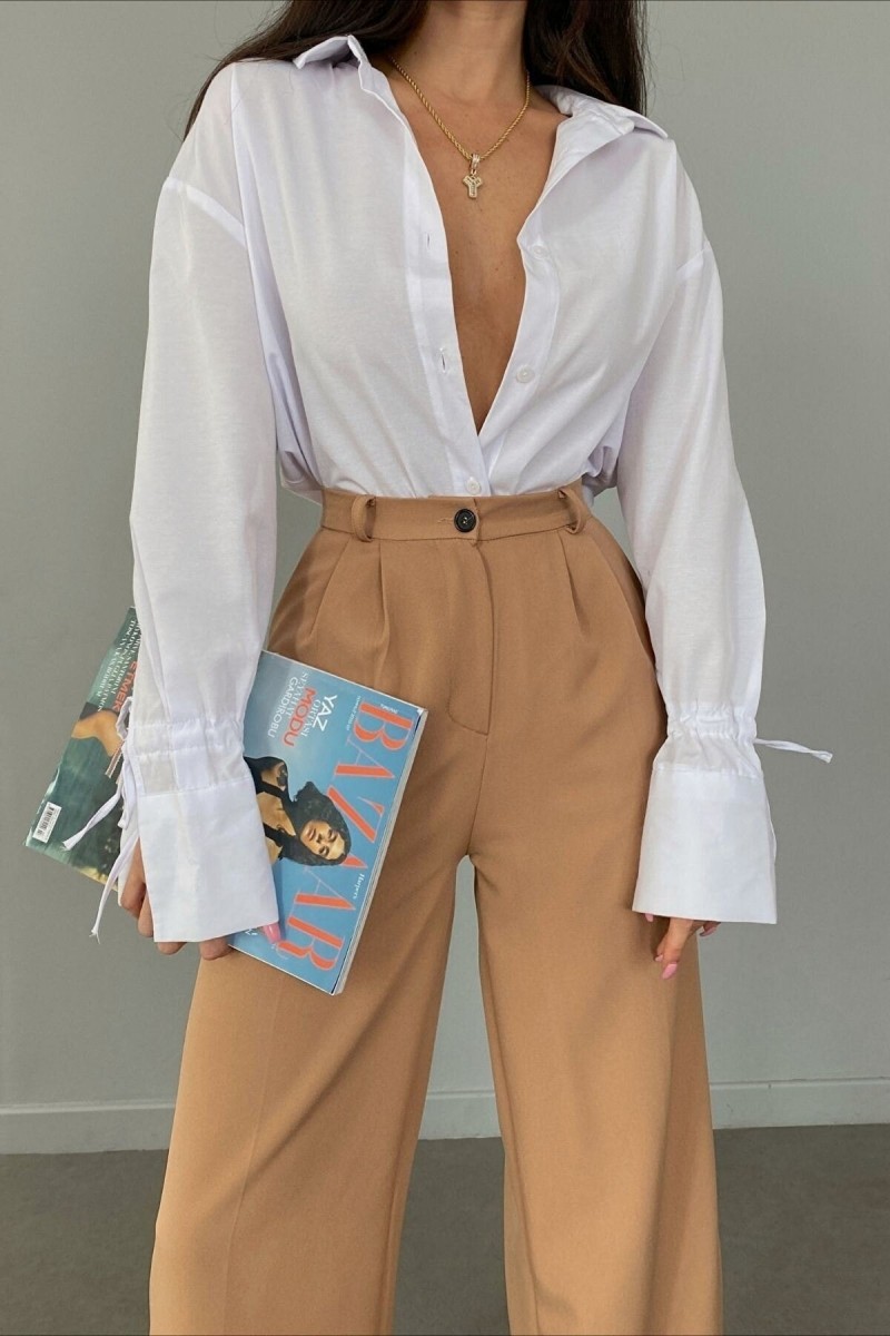 Younger Sütlü Kahve Pileli Kadın Salaş Kumaş 90's Süper Yüksek Salaş Paç Palazzo Pantolon