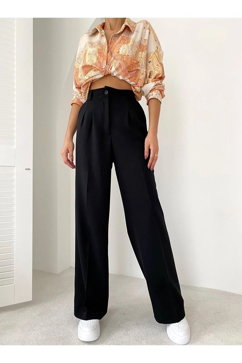 Lussi Power Kadın Siyah Pileli Yüksek Bel Salaş Paça Salaş Pantolon Palazzo