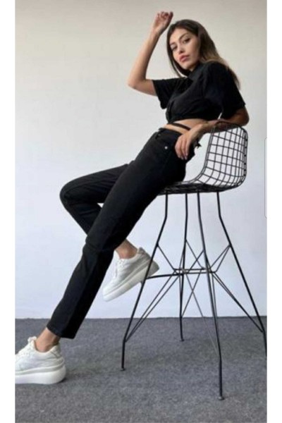 Napoli Solmayan Siyah Mom Jeans 90's Yüksek Salaş Paç Mom Pantolon