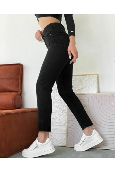 Kadın Siyah Yüksek Bel Likralı Mom Jeans