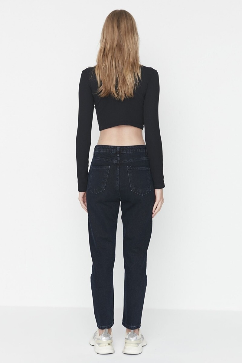 Kadın Siyah Yüksek Bel Likralı Mom Jeans