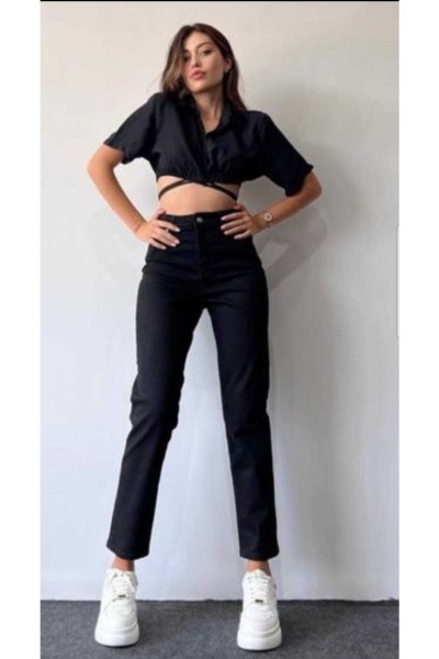 Kadın Siyah Yüksek Bel Likralı Mom Jeans