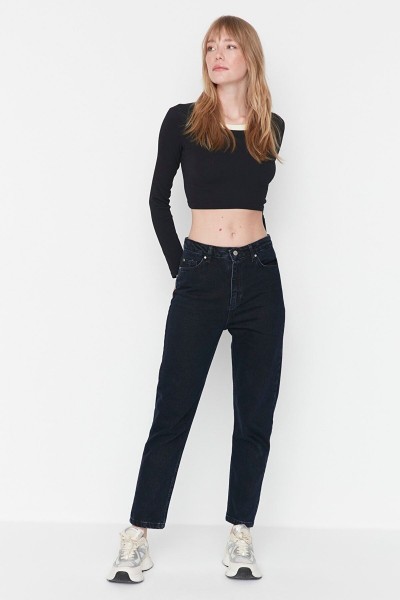 Kadın Siyah Yüksek Bel Likralı Mom Jeans
