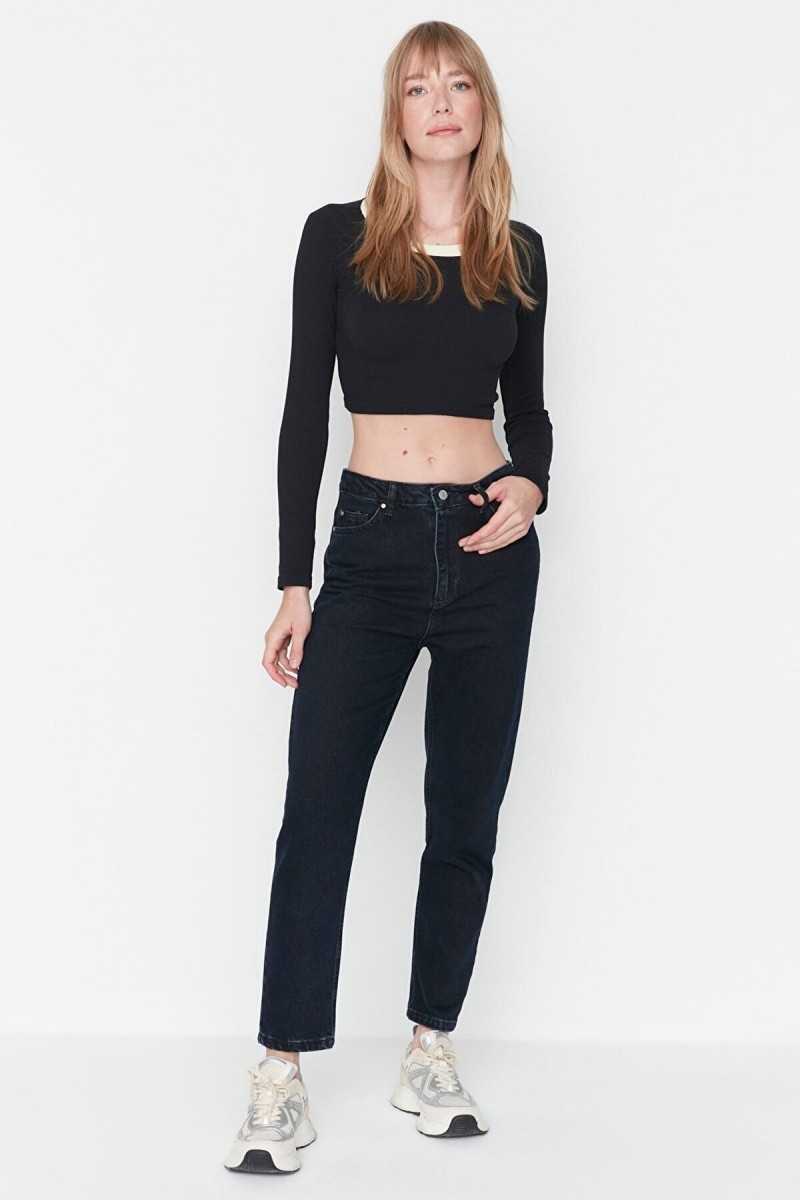 Kadın Siyah Yüksek Bel Likralı Mom Jeans Kadın Siyah Yüksek Bel Likralı Mom Jeans