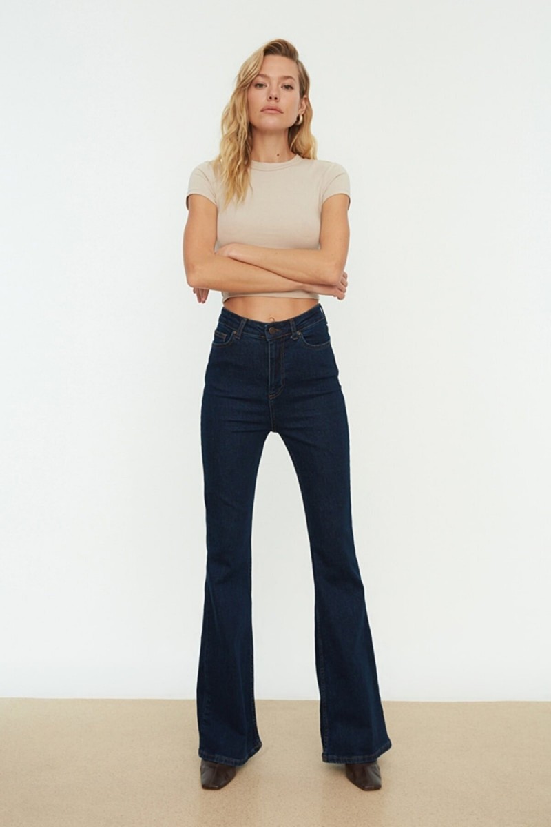 Ikon Flare Likralı Solmaz Koyu Mavi Ispanyol Ispanyol Paça Jean Yüksek Bel Kot Pantolon(rahat Kesim)