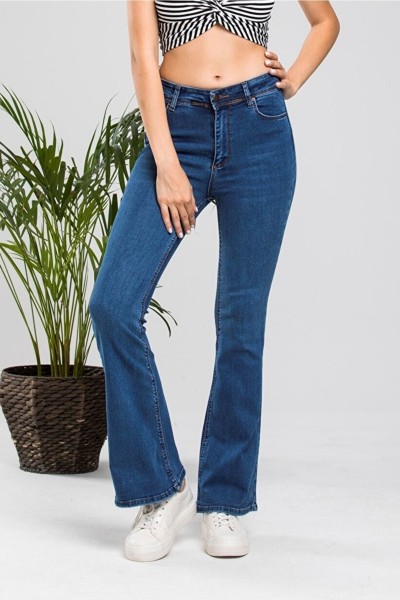 Cazul Ispanyol Likralı Solmaz Koyu Mavi Ispanyol Ispanyol Paça Jean Yüksek Bel Kot Pantolon