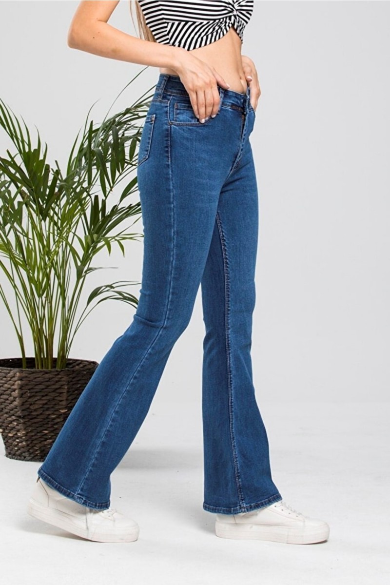 Cazul Ispanyol Likralı Solmaz Koyu Mavi Ispanyol Ispanyol Paça Jean Yüksek Bel Kot Pantolon