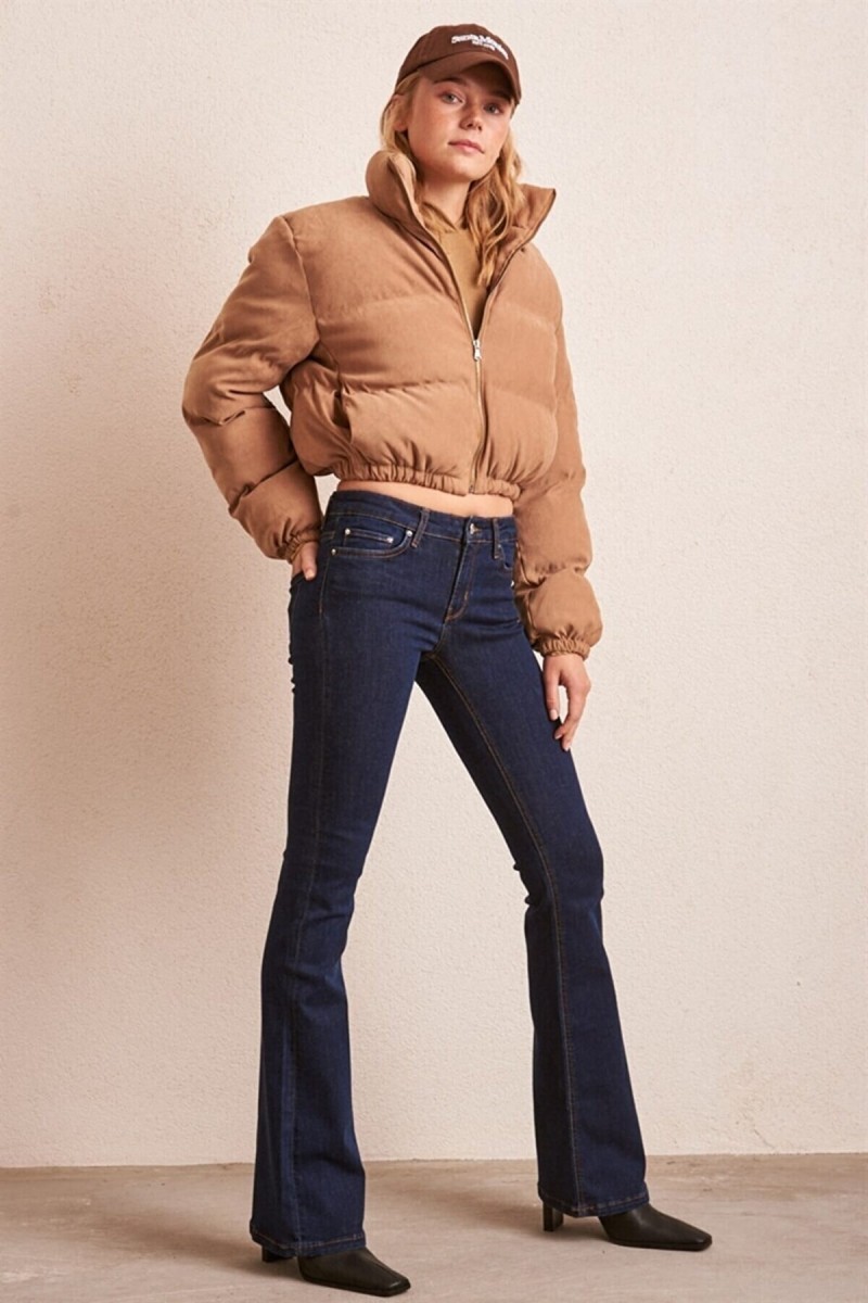 Cazul Ispanyol Likralı Solmaz Koyu Mavi Ispanyol Ispanyol Paça Jean Yüksek Bel Kot Pantolon