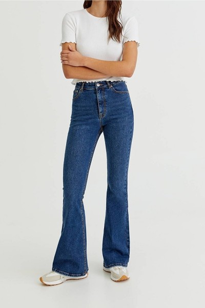 Cazul Ispanyol Likralı Solmaz Koyu Mavi Ispanyol Ispanyol Paça Jean Yüksek Bel Kot Pantolon