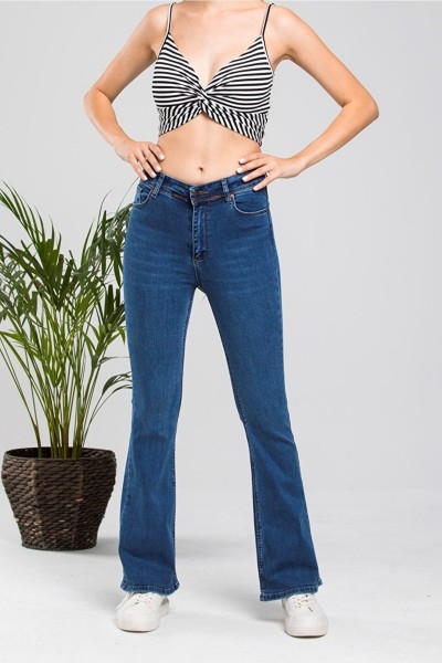 Cazul Ispanyol Likralı Solmaz Koyu Mavi Ispanyol Ispanyol Paça Jean Yüksek Bel Kot Pantolon