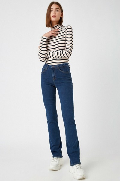 Cazul Ispanyol Likralı Solmaz Koyu Mavi Ispanyol Ispanyol Paça Jean Yüksek Bel Kot Pantolon