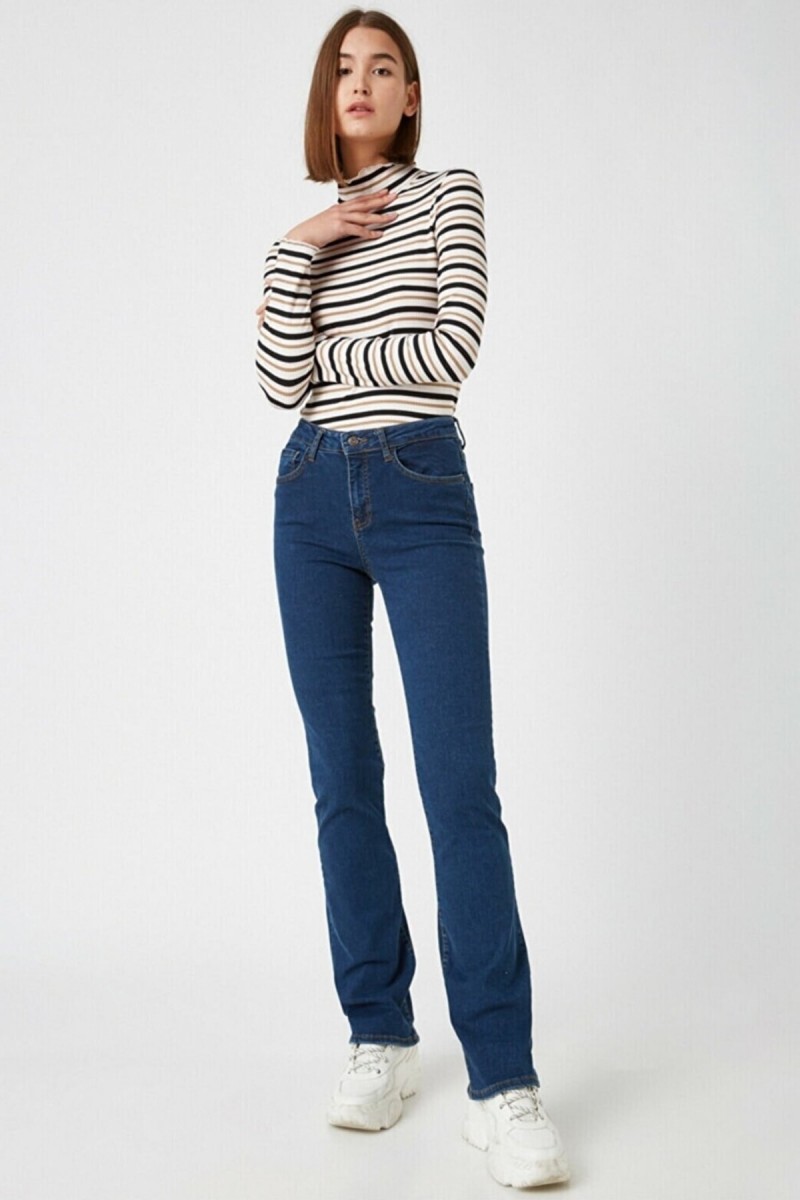 Cazul Ispanyol Likralı Solmaz Koyu Mavi Ispanyol Ispanyol Paça Jean Yüksek Bel Kot Pantolon