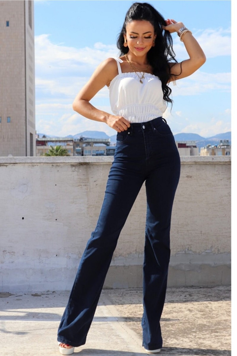 Cazul Ispanyol Likralı Solmaz Koyu Mavi Ispanyol Ispanyol Paça Jean Yüksek Bel Kot Pantolon