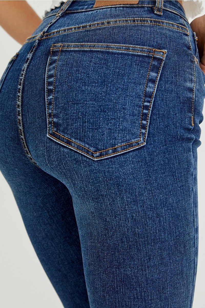 Cazul Ispanyol Likralı Solmaz Koyu Mavi Ispanyol Ispanyol Paça Jean Yüksek Bel Kot Pantolon