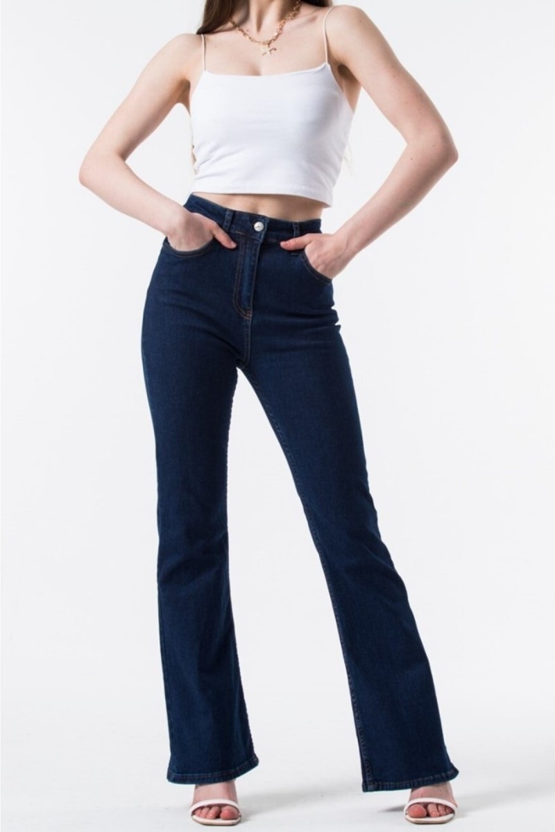 Cold Ispanyol Likralı Solmaz Koyu Mavi Ispanyol Ispanyol Paça Jean Yüksek Bel Kot Pantolon